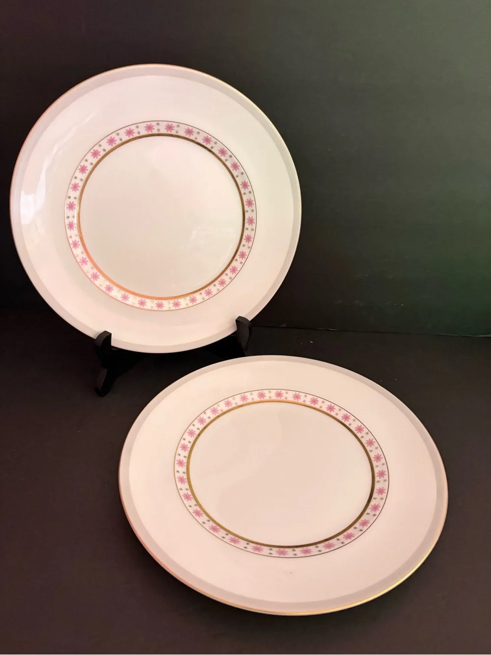 Vintage Pink Atomic Starburst Meito Fine China 10” Dinner Plates Set of 2